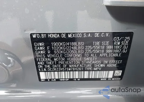 2025 Honda Hr-V Awd Sport from USA, damaged, VIN 3CZRZ2H57SM784261